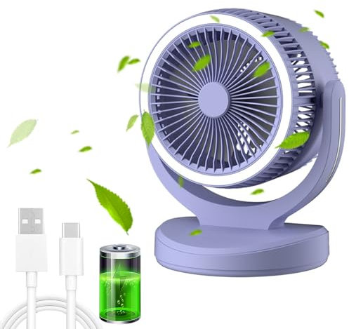 Mini Small Usb Desk Fan With Led Light, 3 Speed 3-Blades Silent Fans Portable Portable Lights Rechargeable Battery Oscillating For Office Bedroom Outdoor 360° Variable Tilt Desktop Fans 22cm-Purple