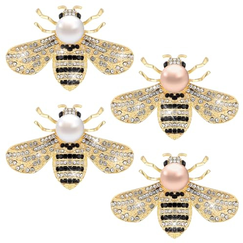 Lot de 4 broches pour femme - En forme d'abeilles - Imitation fourrure - Broches pailletées - Pour vêtements - Broche d'insecte - Accessoires vintage - Strass - Broches et épingles pour femme et fille