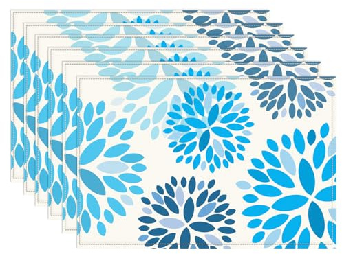 WADORN 6 pièce Dahlia Fleurs Set de Table, 45X30cm Sets de Table à Motifs Floraux de Dahlia Bleu Lavables en Lin Motif Géométrique pour Décoration de Table de Salle Vacances Manger