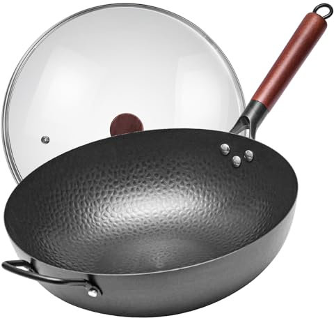 WANGYUANJI 13.4Carbon Steel Wok Pan with Lid (34cm),Large Flat Bottom Stir Fry Pan for Electric,Induction & Glass Top Stoves, High Stability No-Wobble Design, Lightweight Chinese Cookware, 4-6 People
