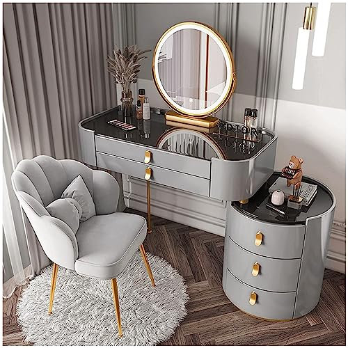 Schminktisch aus Massivholz mit beleuchtetem Spiegel, Glasplatte und Schubladen, großes Schminktisch-Set mit Beistellschrank und Stuhl, Grau, 80 cm, Touch-Spiegelleuchten im Lieferumfang enthalten