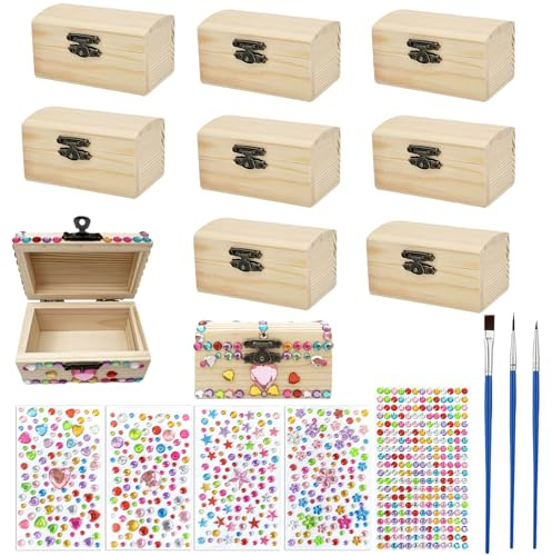 Yudobliss Holzkiste Klein, Satz von 10 Schmuckkästchen aus Holz, Kleine Holzkiste Bemalen, Mini Schatzkiste, Bastel Set, mit Aufklebern und Pinseln, für Geburtstagsfeiern und zum Heimwerken