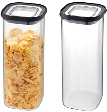 GEFU Vorratsdose PANTRY 2er Set - 1.900 ml Vorratsglas, Borosilikatglas | Luftdichter Küchenbehälter für Müsli und Nudeln, stapelbare Frischhaltedose aus Glas inklusive Etiketten zur Beschriftung