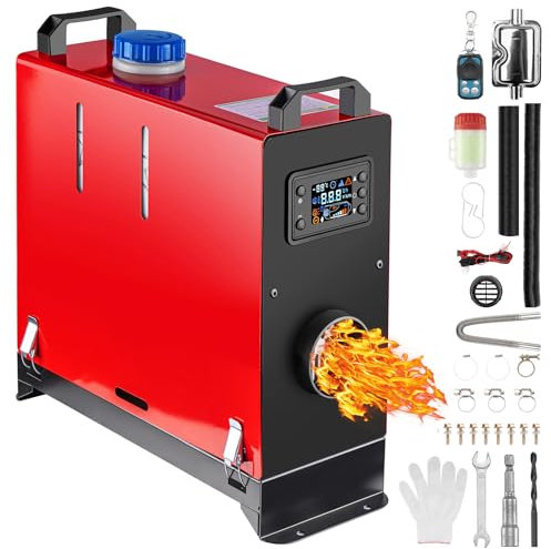 HALOYWB Chauffage Diesel Tout-en-Un 5KW/8KW 12V/24V avec Télécommande Écran LCD Silencieux Chauffage Rapide Dégivrage Désembueur pour Camping-Cars, Maison, RV, Van, Bateau, SUV, Garage - Rouge