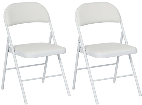 HOMCOM Lot de 2 chaises Pliantes chaises de Salle à Manger Portables Chaise Pliable d'intérieur avec Coussin en revêtement synthétique et Cadre en Acier dim. 45l x 46P x 78H cm Blanc