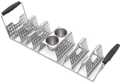 Weber Premium Taco-Halter | Aus Edelstahl mit Silikon-Tragegriffen, 2 integrierte Saucenbecher, Fasst bis zu 6 Tacos, Spülmaschinenfest, 11 x 46 x 12 cm