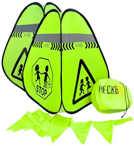 HECKBO 2X Pylone Achtung Kinder Schild spielende Pylonen Pylone + Wimpelkette - Kinder Straßenpylone Kinder Sicherheit Safety Pop Up Set