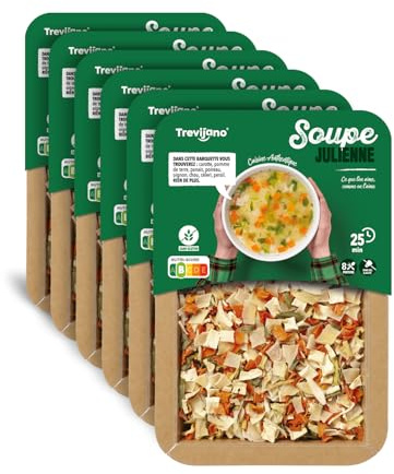 Trevijano Soupe Julienne: 6 barquettes de 100g chacune (600g de légumes déshydratés). Barquette: 8 portions de soupe mélange de carotte, pomme de terre, panais, poireau, oignon,chou,céleri et persil.