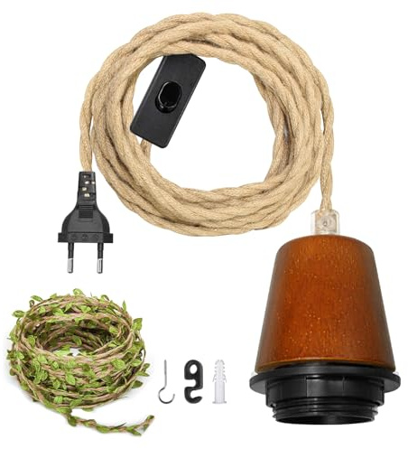 ZRLXFM Lámpara Cuerda Techo de Cáñamo y Interruptor, Portalámparas E27/E26 con Enchufe e 510CM Cable, Vintage Casquillos para Bombillas, Cordón Decorativo de Hojas Verdes de 5m (Incluido)