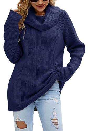 JFAN Jersey Cuello Alto Mujer Invierno Jersey de Punto Manga Larga Casual Pullover Elegante Tops Suéter Mujer(Azul Marino,L)