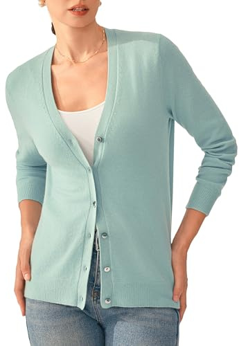 KVSS Women's 100% Pure Cashmere Cardigan Sweaters V Neck Machine Washable Button Up Sweater Cardigan Long Sleeve for Winter