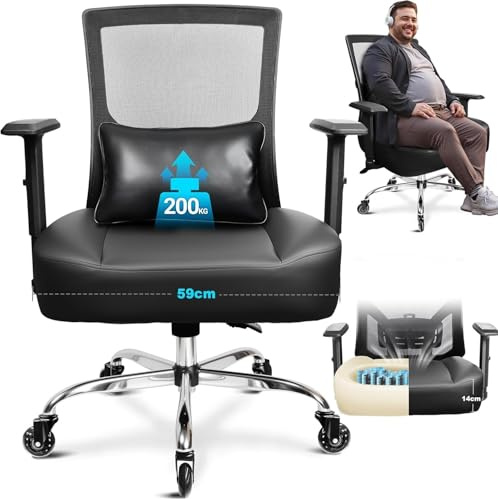 MELOKEA Sedia Ufficio XXL – Sedia da Gioco Computer 200kg in Pelle PU | Seduta Larga 59cm Alta Elasticità, Schienale Alto Ergonomico, Supporto Lombare Regolabile