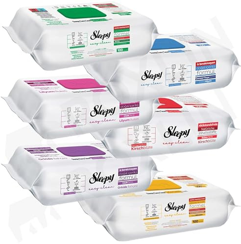 Sleepy Reinigungstücher Tücher Mix Sets 1xGrün, 1xBlau, 1x Gelb, 1xLilie, 1x Orchidee, 1x Kirsche (100 Stück Jeder)