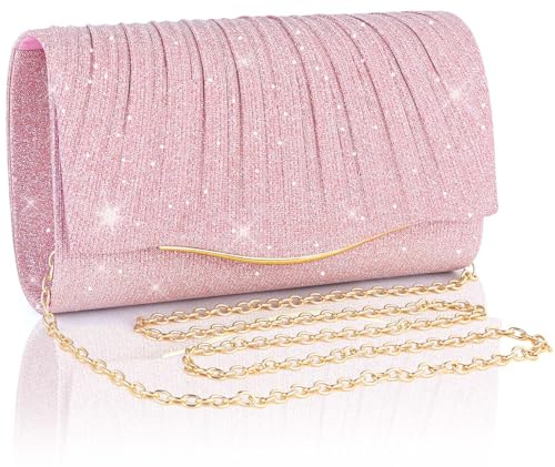 Adiwo Women's Evening Bags, Women Clutch Bag, Elegant Sparkling Ladies Handbags With Detachable Chain, Handle Evening Clutch Bag, Suitable for Wedding Party Prom, Great Gift for Lady, Pink