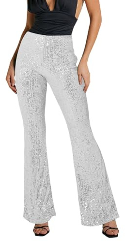 Glitzer Hose Damen Lang Pailettenhose Weites Bein High Waist Palazzo Hosen Baggy Pailetten Glänzende Streetwear Leggings Party Silber Glitzerhose Glitzer Hose Weites Bein Freizeithose (D-White, L)