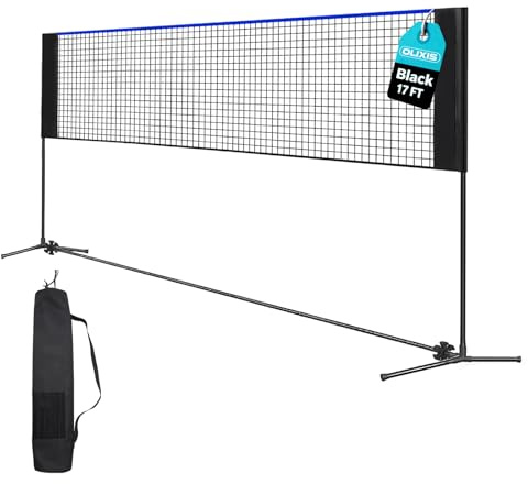 OLIXIS Portable Badminton Net, Height Adjustable Volleyball Net, Badminton Net with Carry Bag, Volleyball Net for Pool, BackyardGame Indoor Outdoor Use, 17FT Wide, Blue