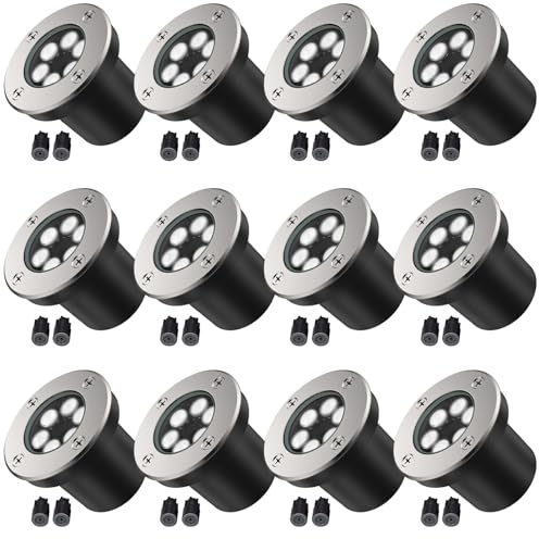 JESLED Low Voltage Landscape Lights, 6W LED Well Lights IP67 Waterproof, 6000K Bright White In-Ground Lights with Wire Connectors for Pathway, Deck, Patio, Yard, Garden (12 Pack)
