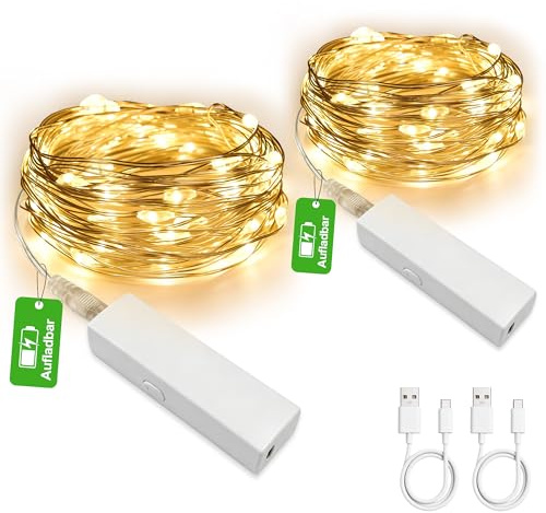Mini Aufladbare Lichterkette mit Timer, 5M 50LED Warmweiß LED Lichterketten mit Wiederaufladbar USB-Kabel, Wasserdicht 8 Modi Lichterkette für Innen & Außen Weihnachten Hochzeit Party Garten (2 Stück)