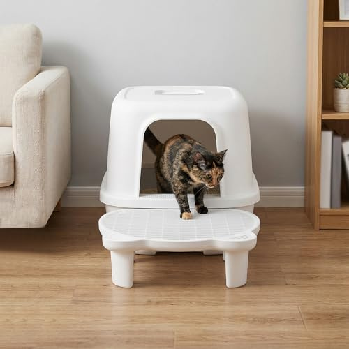 Kattramp, kattrappa, nivå för kattsandsreduktion, kattramp för kattlådan med filterfunktion, PP, 51 × 40,5 × 15 cm (vit)