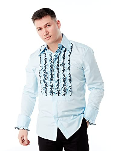 ZenRetro Hombre Cielo Azul Camisa de Esmoquin de Gala con Volantes 2XL