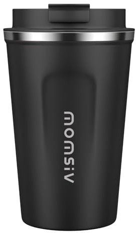 MOMSIV Black Coffee Cup, Vacuum Reusable Leakproof Double Wall Coffee Cup, Insulation Stainless Steel Eco-Friendly Travel Office Mug for Hot Coffee Tea and Cold Drinks, 13oz/380ml