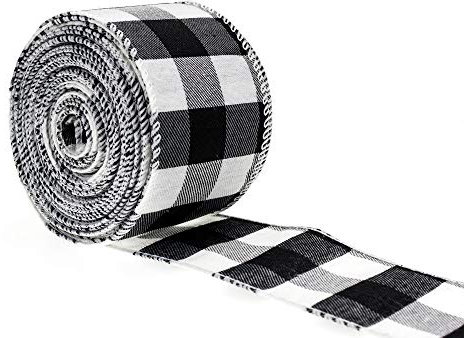 ATRBB Weißes und schwarzes Büffelkariertes Schleifenband mit Drahtkante, Gingham-Band für Weihnachtsdekoration und Schleifen, 9,1 m x 6,2 cm (Stil 1)