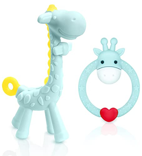 SHARE&CARE BPA Free Silicone Giraffe Baby Teether Toy with Storage Case, for 3 Months Above Infant Sore Gums Pain Relief and Baby Shower, Baby Teething Toys (Blue)