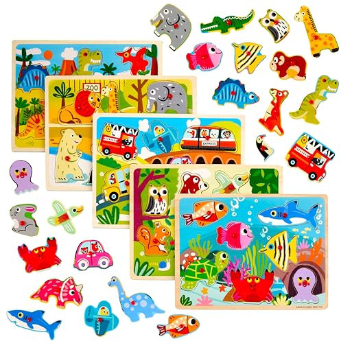 THE TWIDDLERS 5 Holzpuzzle Steckpuzzle Greifpuzzle für Babys & Kleinkinder - Fahrzeuge, Zootiere, Waldtiere, Meerestiere & Dinos - Ab 1 Jahr