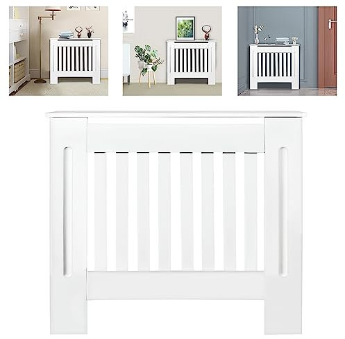 MDF Radiator Cover, Chelsea Styles Design Modern Slatted Wooden Home Furniture Small Matte White Radiator Cabinet Grill Heater Shelf for Bedroom Worktop Living Room, Small, 78cm x 19cm x 82cm