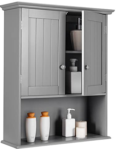 RELAX4LIFE Hängeschrank mit Verstellbarer Ablage, Wandschrank mit Doppeltür, Küchenschrank mit offenem Fach, Badschrank Hängend, 60 x 20 x 70,5 cm, Medizinschrank für Badezimmer Küche Flur (Grau)