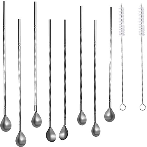 Intirilife 8x cucharas de paja de acero inoxidable ecológicas en plata con 19 cm de longitud, 2 cepillos estrechos para limpiar y 1 bolsa de almacenamiento - Para el hogar, restaurante, bar, hotel
