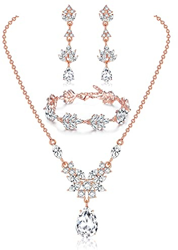 Milacolato Parure Bijoux Mariage Femme Scintillant Cristal Mariée Collier En Forme Larme Boucles d'Oreilles Et Bracelet De Branche Laurier Grec Pour Demoiselle d'Honneur Bal Fiançailles Or rose