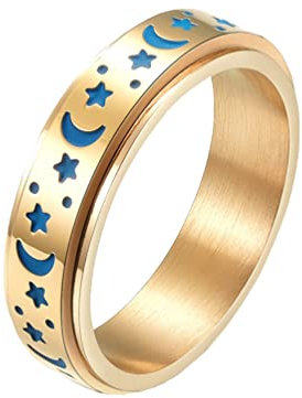 HIJONES Herren Damen Zierlicher Stapelbarer Mondstern-Drehring aus Rostfreier Stahl Leuchtender Ehering 6MM Leuchtendes Gold Größe 52 (16.6)