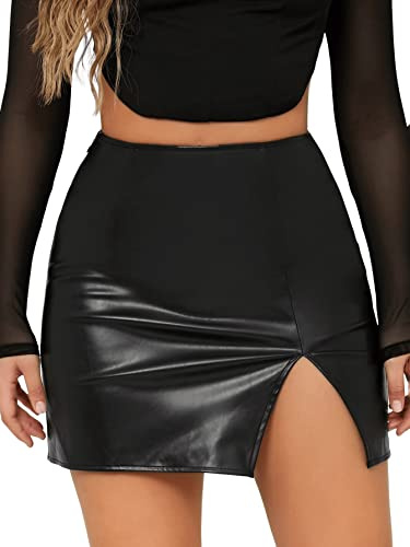 SOLY HUX Damen PU Leder Rock Elegant Röcke Casual Rockabilly Bodycon Freizeitrock Minirock mit Schlitz Schwarz M