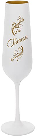Herz & Heim® Weißes Sektglas mit Gravur/Personalisiert mit Namen Blumenranke