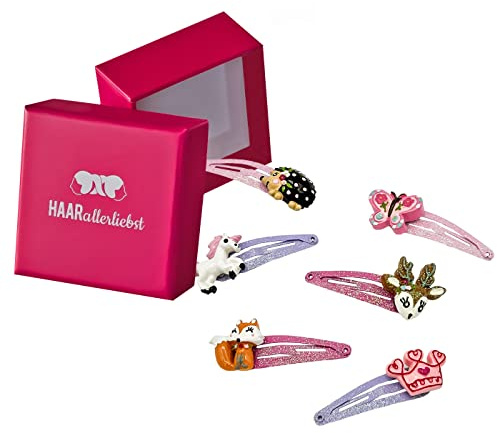Haarallerliebst Haarspangen Set für Kinder – 6 Stück Tiere mit Glitzer Spangen inkl. Aufbewahrungsbox pink – Ideal für dünnes bis dickes Haar