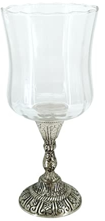 DARO DEKO Glas Windlicht auf Metall Standfuß Silber schwarz 10 x 24cm Kerzenständer Teelichtglas Kerzenhalter