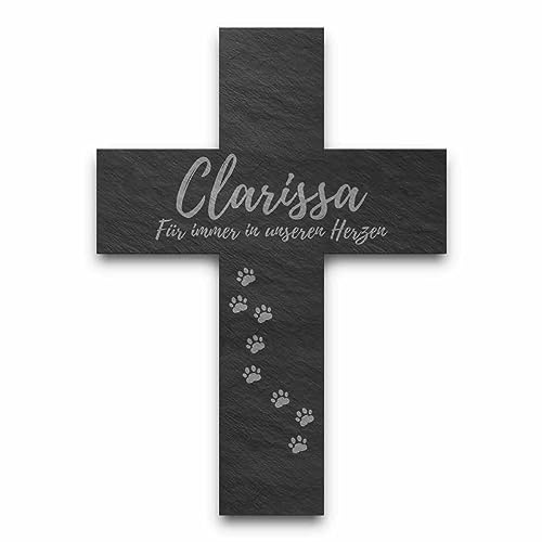 CHRISCK design Schiefer Kreuz mit personalisierter Gravur - individuelles Andenken an verstorbene Wegbegleiter - Größe ca. 21,5x30 cm