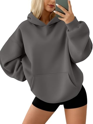 AUTOMET Damen Oversized Sweatshirts Fleece Hoodies Langarm Shirts Pullover Herbst Kleidung mit Tasche, Schwarz/Grau, M