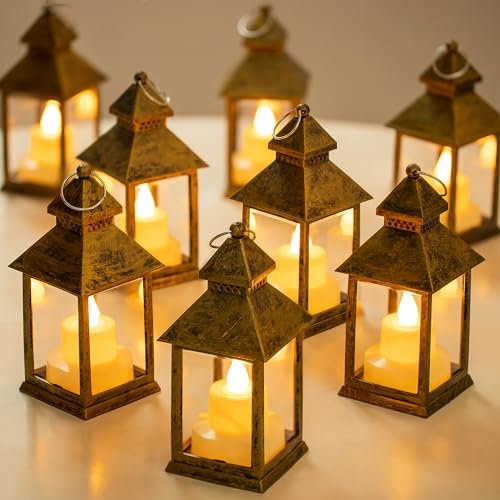 Romadedi Gold Lantern Wedding Decor - 10Pcs Hanging Small Decorative LED Lantern Candle Holders for Christmas Table Decoration Moroccan Ramadan Outdoor Halloween Party