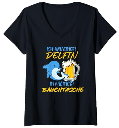 Damen Delfin in meiner Bauchtasche Party Outfit Sommer Mallorca T-Shirt mit V-Ausschnitt
