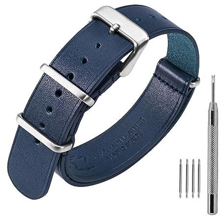 ANNEFIT Cinturini per Orologi in Vera Pelle 20mm, Cinturino Vintage Militare Monopezzo per Uomo e Donna con Fibbia in Argento Spazzolato (Blu)