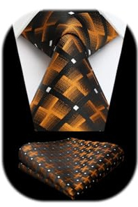 HISDERN slipsar för män enkel/rutig/polkaprickig slips klassisk bröllop slips och ficknäsduk set formella eleganta affärer män slipsar flerfärgad, Orange/Rutig, en storlek