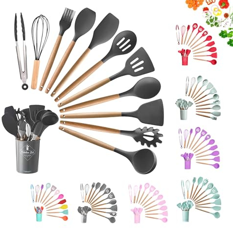 Faizee Möbel 12-tlg. Silikon-Küchenhelfer Set mit Holzgriff – Hitzebeständiges & antihaftbeschichtetes Kochbesteck, langlebige Küchenutensilien, BPA-frei, spülmaschinenfest (Schwarz)