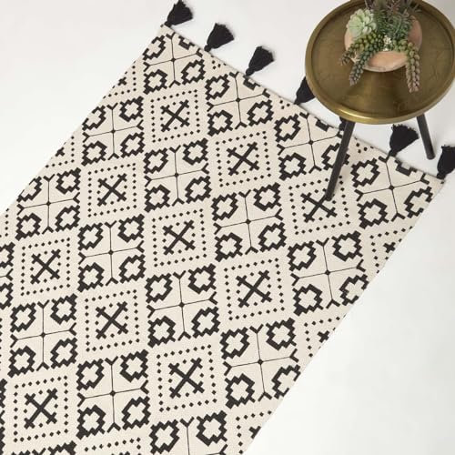 Homescapes Reva Baumwollteppich waschbar 160x230 cm schwarz-weiß Gemustert, Fransen-Teppich Bedruckt, Webteppich mit Kachelmuster