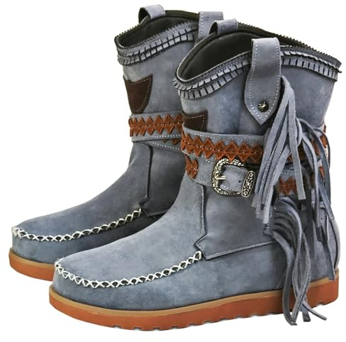 Stivali da cowboy con frange da donna Stivali con zeppa nascosta con zeppa alla caviglia Stivali con nappe con strass Tessuto lucido in pelle nabuk Copertura comoda per la festa di nozze di strada