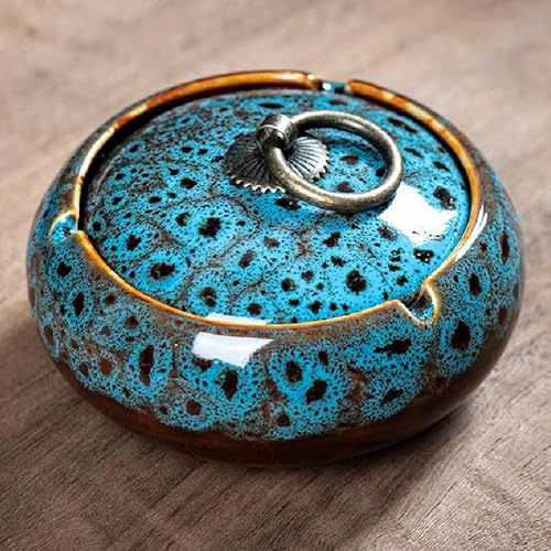 Handmade Ceramic Ashtray with Lids, Exquisite Pattern Ash Holder for Patio Desktop Office Smokers, Ash Tray for Indoor Tabletop Home Office Decor (Mix Blue, M-Size)