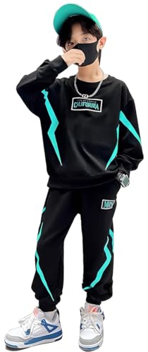 linboo träningsoverall barn pojkar kläder set 2 delar jogging kostym huvtröja och byxor sport kläder set fritidsoverall, Svart/grön, 134-140