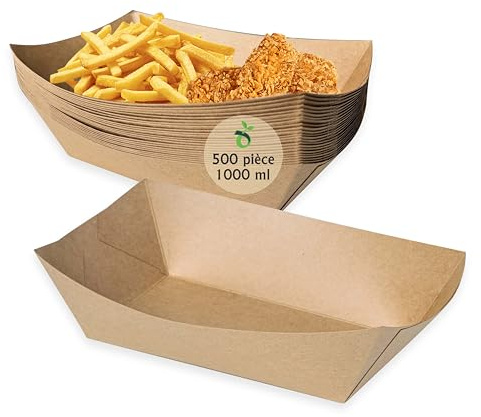 ECOPICNIC Barquettes en Papier 1000 ml Lot de 500 | Contenants Jetables en Papier Kraft pour Frites, Snacks, Apéritifs, et Aliments à Emporter, Idéal pour Emballage Alimentaire