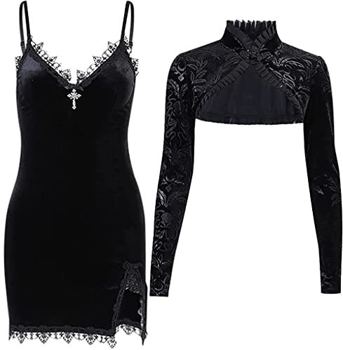 Conjunto de 2 piezas para mujer, vestido gótico vintage punk, Lolita, vestido de terciopelo y cárdigan corto de manga larga grunge, Negro, M